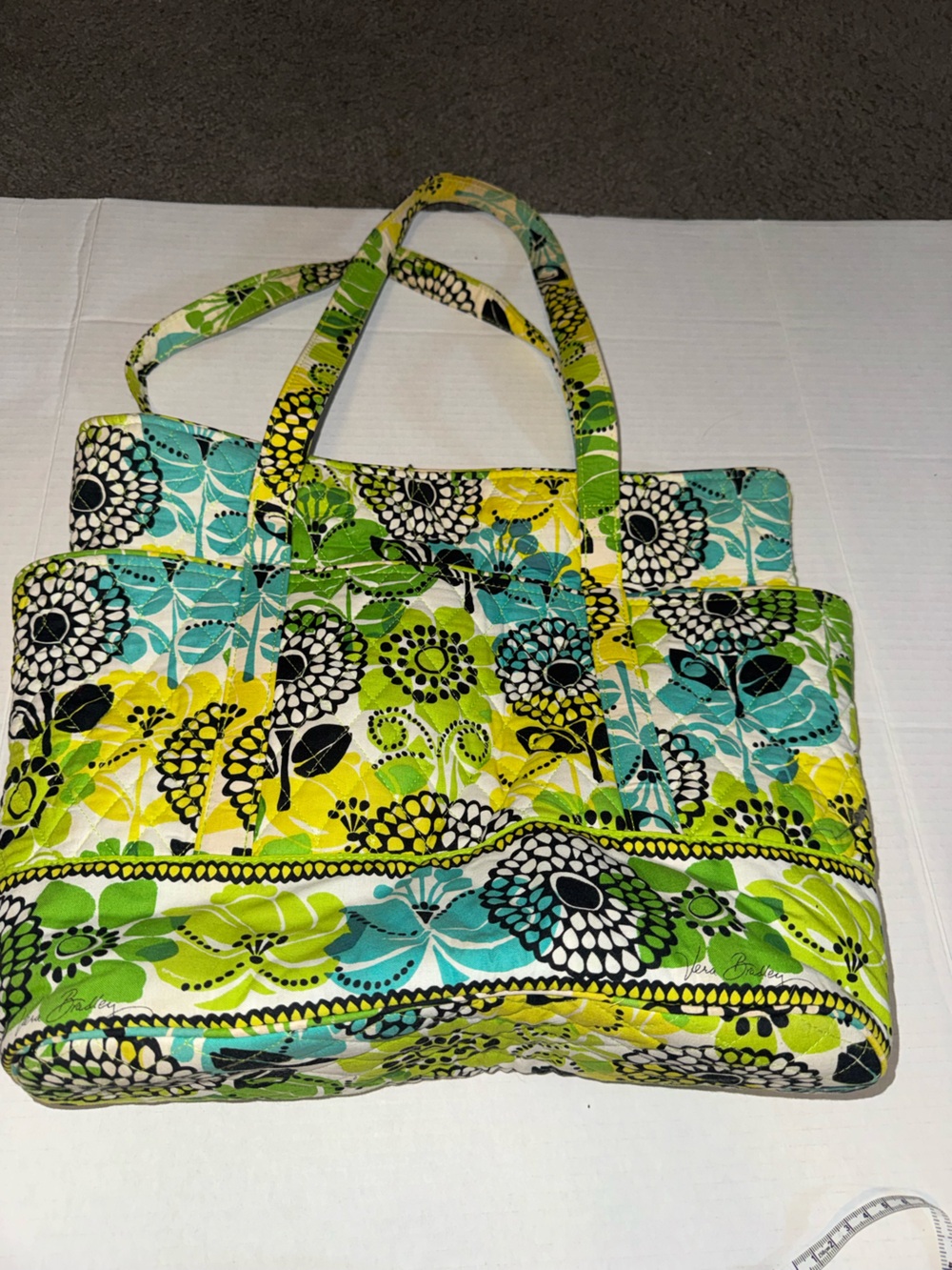 Vera Bradley Quilted Floral Tote in Lime Green, Teal & Black